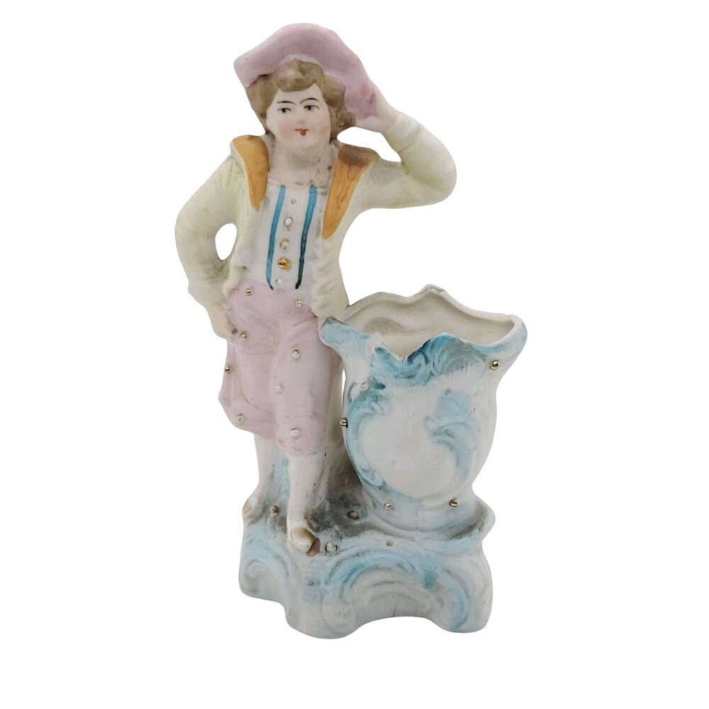 Rococo Figural Bud Vase Porcelain Victorian Era Fancy Boy Soldier 6" Tall